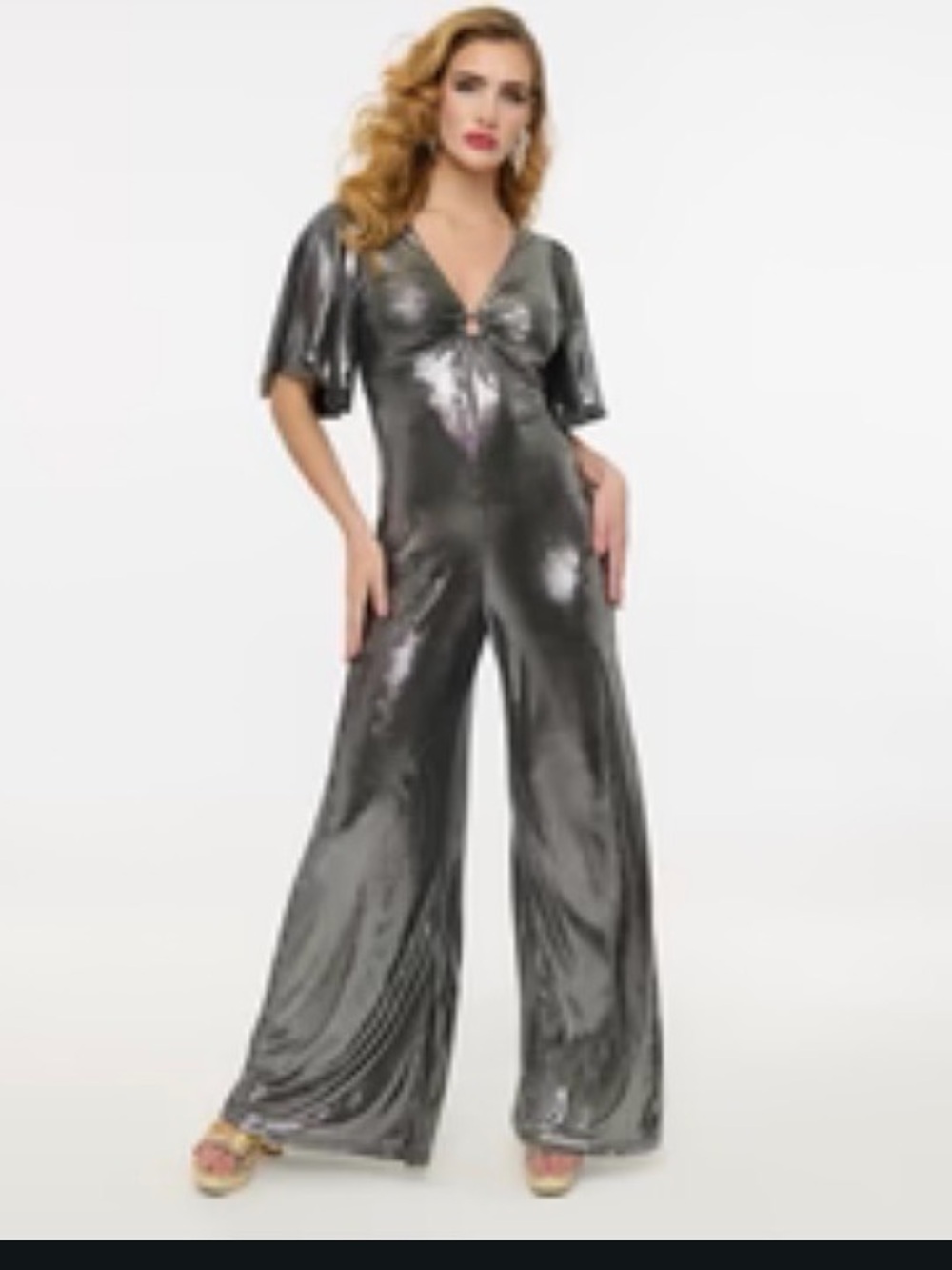 Silver Metallic V-Neck Wide-Leg Jumpsuit